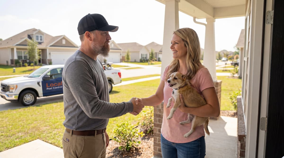 Local Pest Control technician shaking hands with a homeowner holding her dog